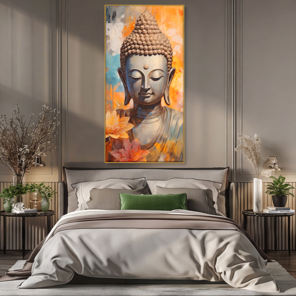 Tablou canvas cu tablou canvas cu buddha si flori de lotus, in rama de aluminiu auriu, pe perete intr-un dormitor